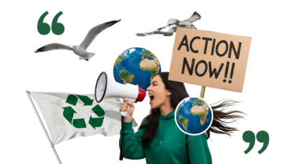 Woman holding megaphone and sign with globe, advocating environmental action amidst flying birds and recycling symbol