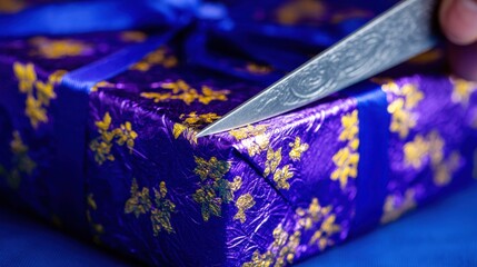 Closeup of artisan applying shiny metallic foil stamping on luxury packaging highlighting the reflective and vibrant decorative technique.