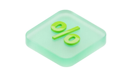 Isolated percentage sign icon on a square shape, green color, realistic rendering style