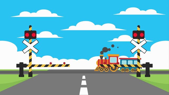 A colorful 2D vector animation depicting a classic toy-style steam train passing through a level crossing.