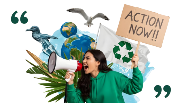 Young environmental activist holding a megaphone and a sign protesting for climate action outdoors surrounded by eco symbols - Powered by Adobe