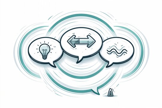 Conceptual representation of communication dynamics through symbols showcasing light bulb ideas, balance arrows, and waves in a modern creative design for innovative thinking