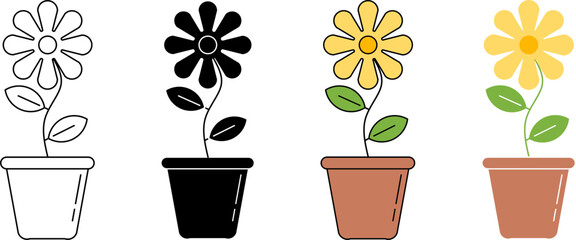 Simple potted flower icon set in outline, silhouette, and flat color style. Yellow flower with green leaves and terracotta pot, illustration for UI, web, app, education, gardening, and nature design.