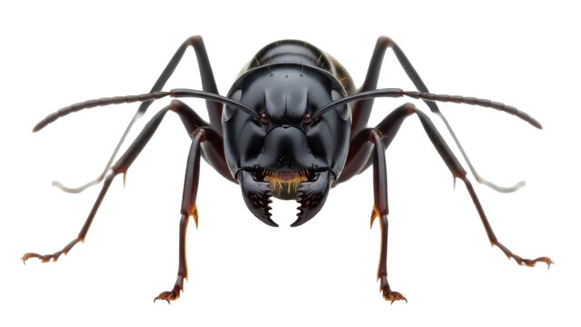 Isolated Macro of Black Carpenter Ant Facing Forward with Menacing Mandibles Ready to Bite