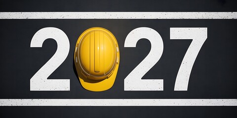 A vibrant yellow hard hat rests directly on the numeral zero in the prominently displayed year two thousand twenty seven