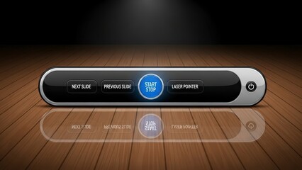Sleek Black and Silver Control Panel with Blue Illuminated Button on Reflective Wooden Floor.