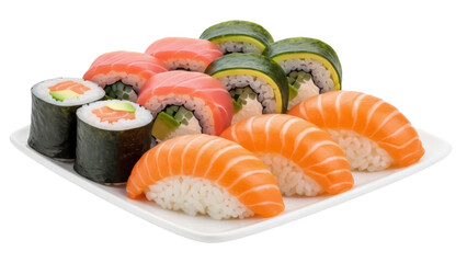 Isolated sushi platter featuring salmon nigiri and maki rolls for a tasty meal experience © Maelle