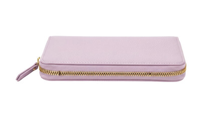 Isolated lavender leather zippered wallet, a small purse with a gold zipper on display now © Anneliese