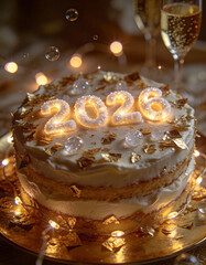Close-up of a luxury New Year 2026 cake with edible gold flakes and glowing sugar decorations forming 2026, sparkling lights and champagne bubbles, 8K hyper-realistic texture