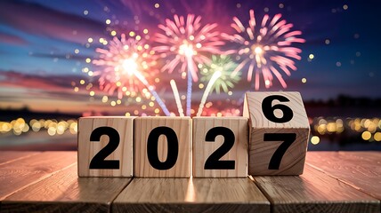 A vibrant display of fireworks illuminates the night sky above wooden blocks spelling out the year 2027 signaling celebration high quality