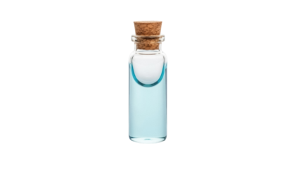 Isolated small glass bottle with cork stopper containing translucent blue liquid substance