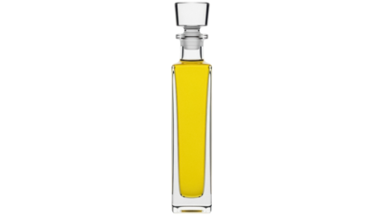 Isolated clear glass decanter filled with yellow liquid for storing and serving spirits