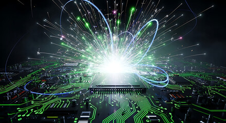 A vibrant and dynamic image of a computer circuit board with a bright light and colorful sparks emanating from it