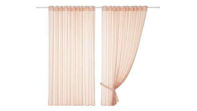 Isolated pair of light-beige curtain panels on a white background, home interior design element