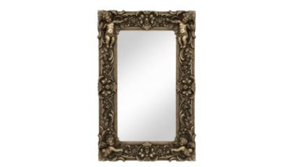 Isolated ornate rectangular gold-colored mirror with cherubs on its frame for wall decor