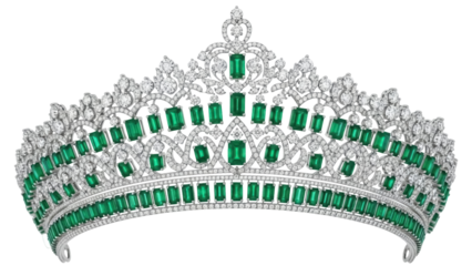 Isolated royal diadem with ornate design set with emerald and diamonds for pageants, ceremonies