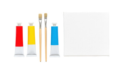 Isolated Artist's colorful paint tubes, paintbrushes, and blank canvas ready for painting