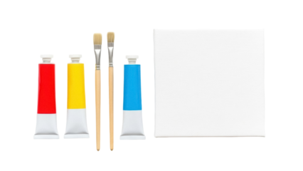 Isolated Artist's colorful paint tubes, paintbrushes, and blank canvas ready for painting