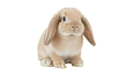 Isolated tan colored lop-eared rabbit sitting down on clean surface, studio shot in soft light © Maelle