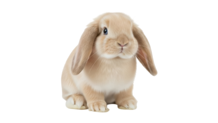 Isolated tan colored lop-eared rabbit sitting down on clean surface, studio shot in soft light