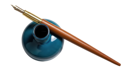 Isolated vintage fountain pen and teal inkwell craft a timeless writing experience