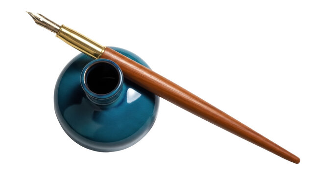 Isolated vintage fountain pen and teal inkwell craft a timeless writing experience