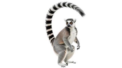 Isolated Ring Tailed Lemur standing upright with tail curled around its body animal cute © Solene