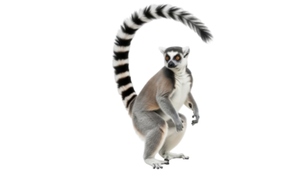 Isolated Ring Tailed Lemur standing upright with tail curled around its body animal cute