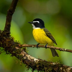 Naklejka premium Small vibrant yellow bird with black head and white eyebrow perched on mossy branch against a green bokeh background