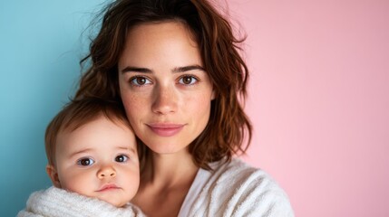 A tender moment captured between a mother and her baby, showcasing emotions of love, warmth, and connection against a vibrant pastel backdrop of blue and pink.