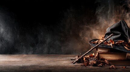 A mysterious and enchanting display of a black witch's hat, a wand, and scattered leaves resting on a stack of aged books, evoking a sense of magic and wonder.