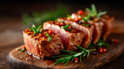 A mouth-watering display of grilled steak pieces garnished with fresh herbs on a wooden board, perfect for showcasing culinary skills and delicious dining experiences.