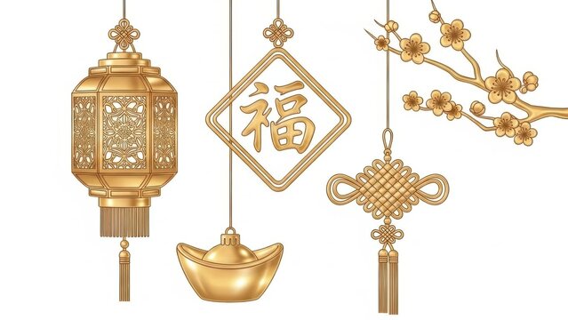 Golden Lunar New Year decorations featuring festive lanterns, auspicious symbols, and blossoming