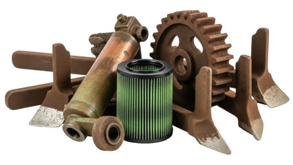 Isolated used metal automotive parts, industrial scrap, engine filter, and machine gear set