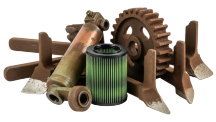 Isolated used metal automotive parts, industrial scrap, engine filter, and machine gear set
