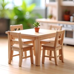 Obraz premium Small wooden table and chairs with a tiny plant, in a bright, blurred kitchen setting