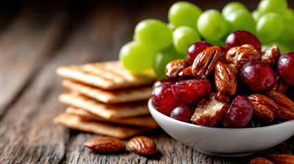 An appealing bowl filled with nutritious grapes and almonds, alongside crackers, set against a rustic wooden background, promoting a healthy lifestyle and snacking choice.