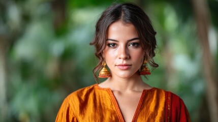 A graceful woman dressed in traditional attire adorned with bright earrings looks directly into the camera, exuding confidence and cultural richness in her serene expression.