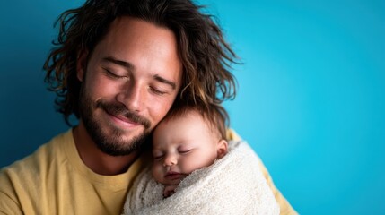 A tender moment captured as a father cradles his sleeping baby, embodying love and care within a serene atmosphere, highlighting the beauty of family bonds.