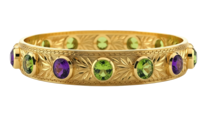 Isolated gold hinged bangle bracelet with alternating purple and green gemstones, jewelry item
