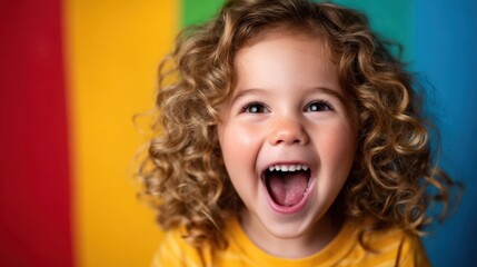 A cheerful young child with curly hair displays a bright smile and laughter, epitomizing innocence and happiness in a colorful, uplifting environment filled with joy.