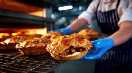A chef skillfully prepares delicious meat pies, showcasing flaky golden crusts and hearty fillings, highlighting the artistry of baking and the joy of homemade comfort food.