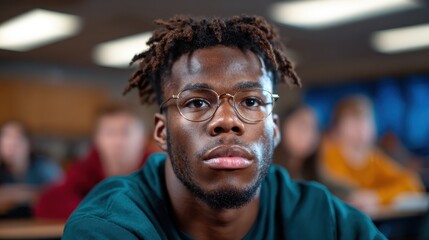 Fototapeta premium A focused student, deep in thought, embodies the spirit of learning and curiosity, reflecting the importance of education in shaping individual futures and personal growth.
