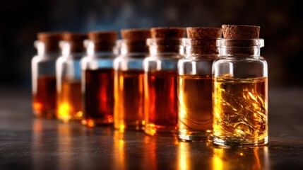 A collection of assorted vials filled with colorful oils creates a captivating visual, representing creativity, experimentation, and the intricate beauty of colors in art and science.