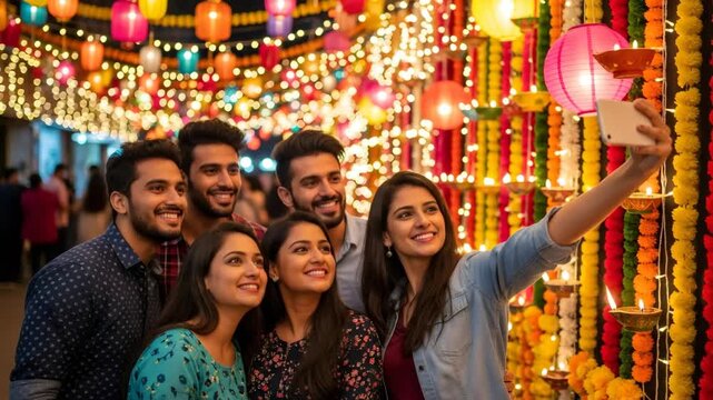Young men and women taking selfie during festival celebration, illuminated street with lanterns and garlands for Indian holiday.