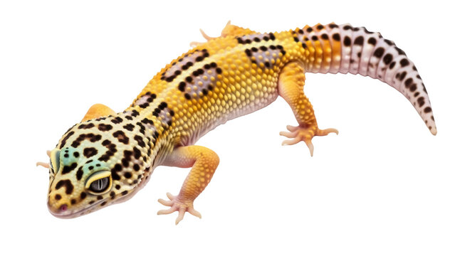 Isolated leopard gecko with yellow, black and orange pattern, animal photography