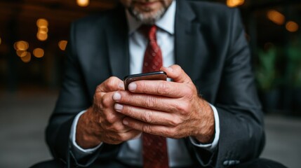 A focused businessman in a suit engages with his smartphone while seated, showcasing a blend of professionalism and modern technology in a busy work environment.