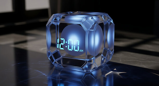 A modern digital clock with a blue glowing display sitting on a reflective surface - Powered by Adobe