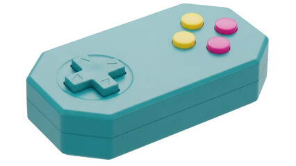 Isolated retro game console controller in teal, yellow, and pink for gaming and entertainment © Anneliese