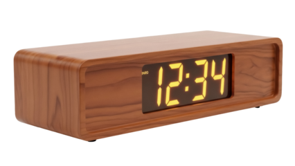 Isolated brown digital alarm clock displaying time twelve thirty-four against no background